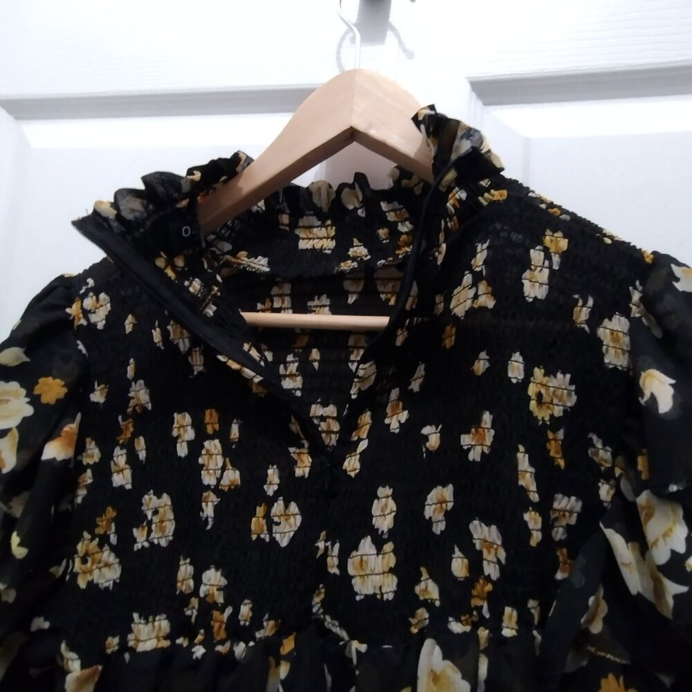 O.P.T. Floral Ruffle Neck Blouse Large Black Sheer Long Sleeve Romantic Top - Picture 10 of 15